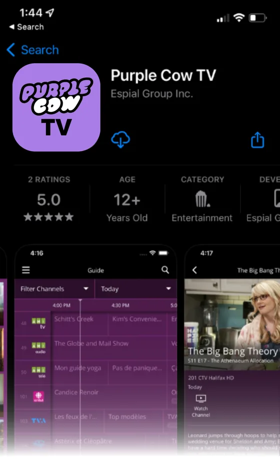 The Purple Cow TV app listing, with the channel guide and a program page