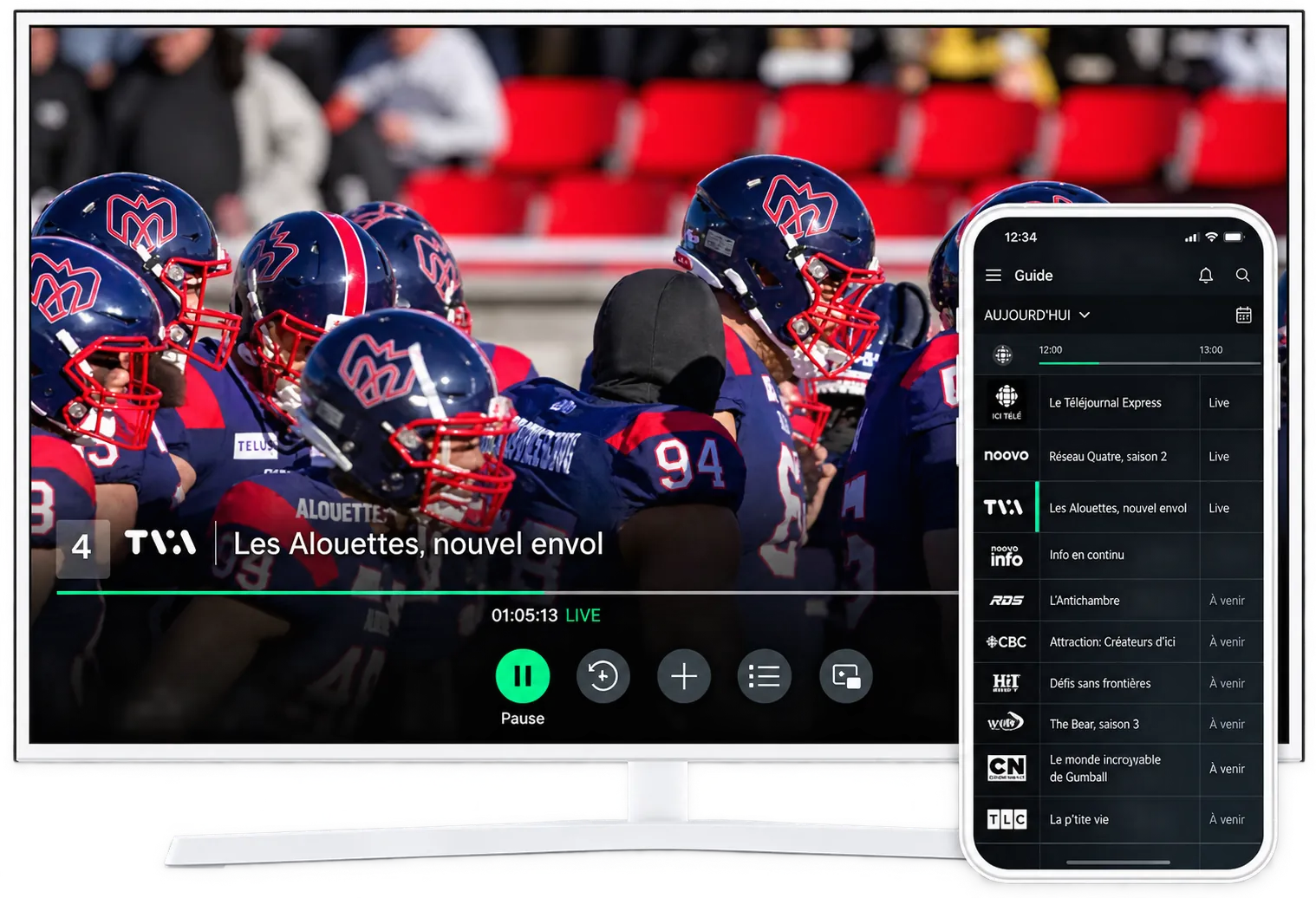Purple Cow TV guide on a TV and in the phone app, with live sports playing