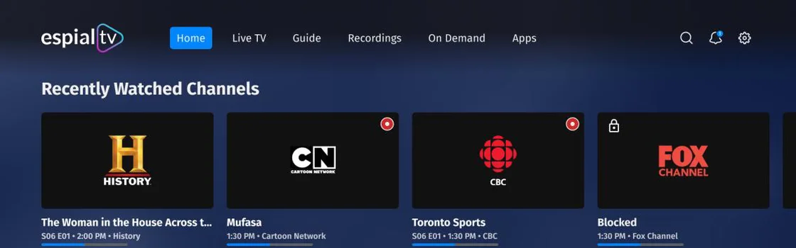 Purple Cow TV home screen with recently watched and favourite channels