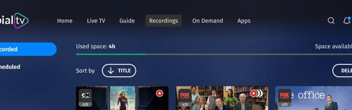 Purple Cow TV recordings screen showing recorded shows as posters with storage used