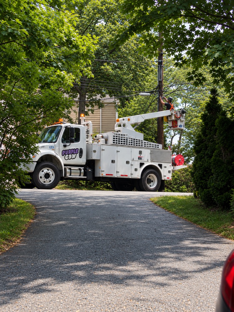 A Purple Cow bucket truck with the boom extended on a tree-lined residential street in Halifax, with a crew member in the bucket working on utility lines in the communications zone of a wooden pole.