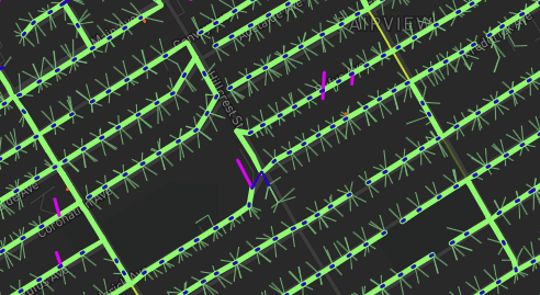 The actual Purple Fibre network design map for a section of Fairview, showing the fibre route along streets like Adelaide Avenue, Coronation Avenue, Fredericton Avenue, and Rosedale Avenue, with splice points and individual home drops marked.