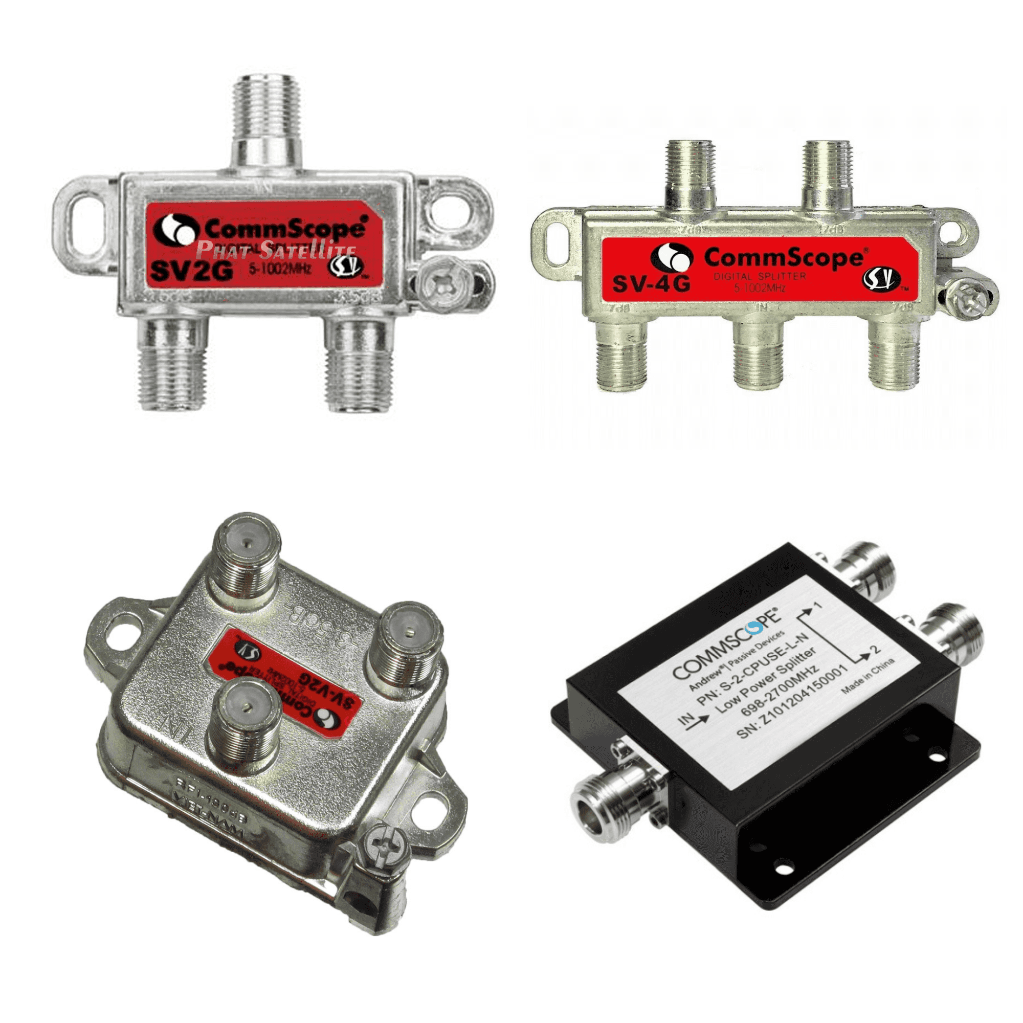 Various splitters where one coax cable goes in, but two come out.